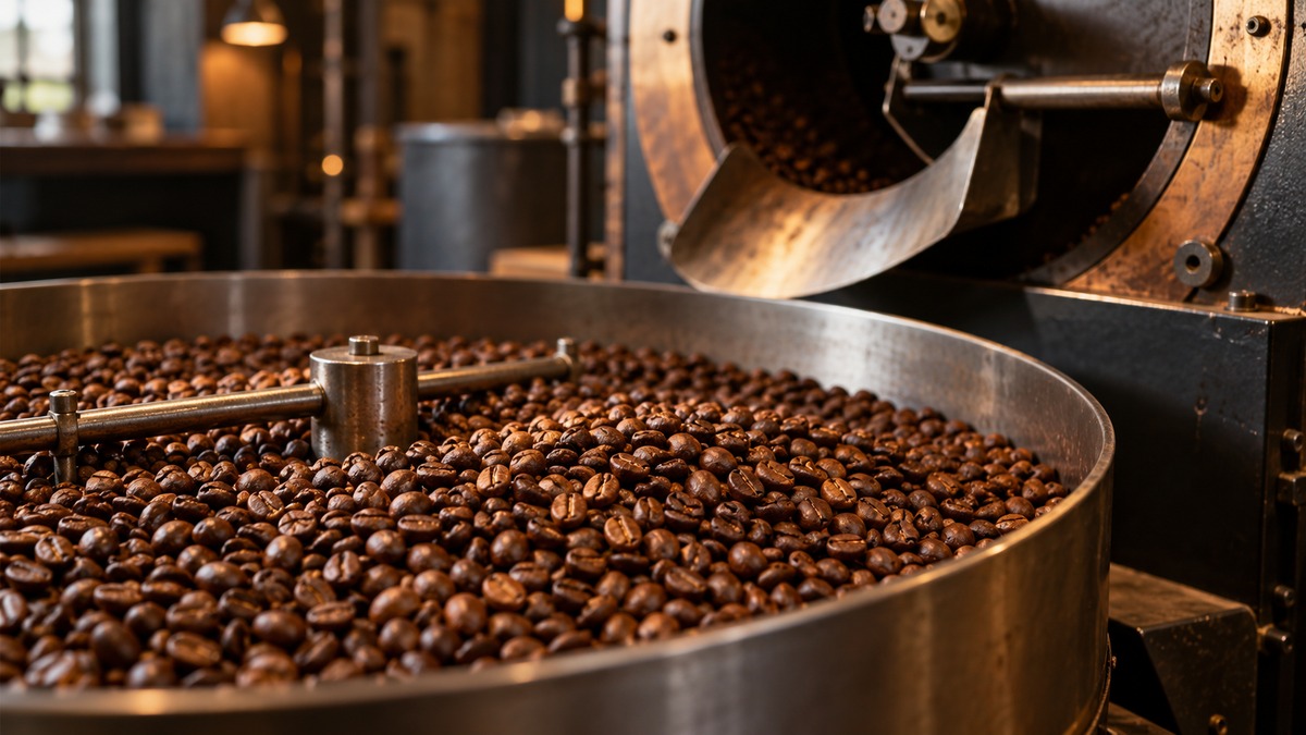 Roasted coffee beans beside a drum roaster