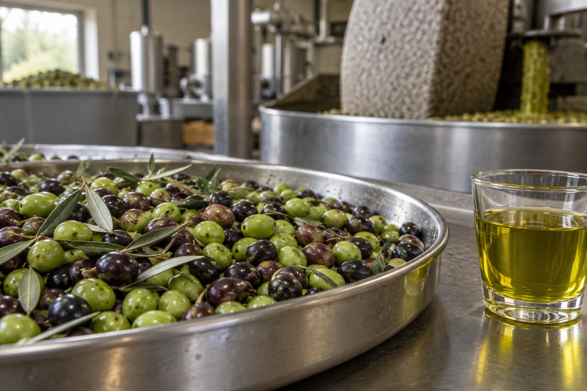 Olives and oil in a generic mill setting