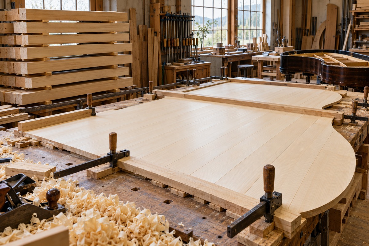 Spruce strips prepared for a soundboard