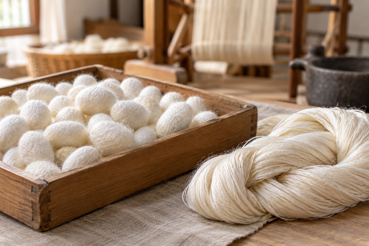 Silkworm cocoons beside raw silk yarn