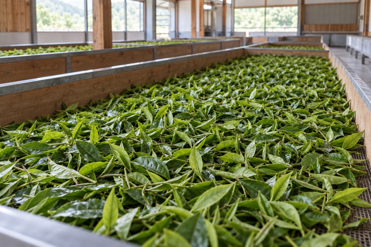 Fresh tea leaves in a withering trough