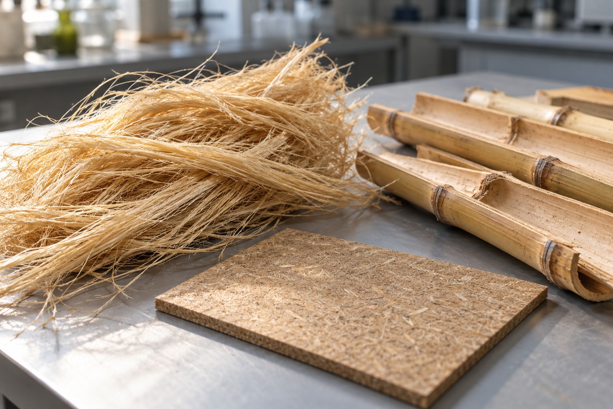 Bamboo fibres beside a composite specimen