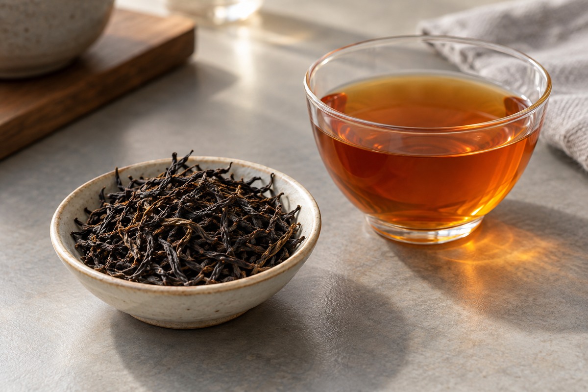 Dry black tea beside an amber infusion Dry black tea beside an amber infusion