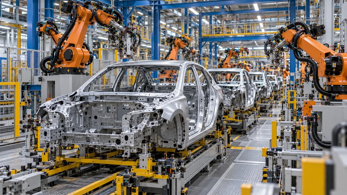 Vehicle bodies in an automated assembly hall